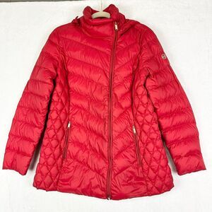 Michael Kors Packable Down Fill Jacket Size Large Red Hooded Full Zip Quilted